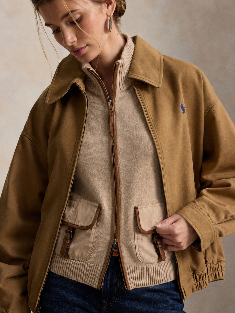 LRL Cotton Zip Front Suede Utility Cardigan Women's Medium Lauren Jeans Co - Picture 3 of 6